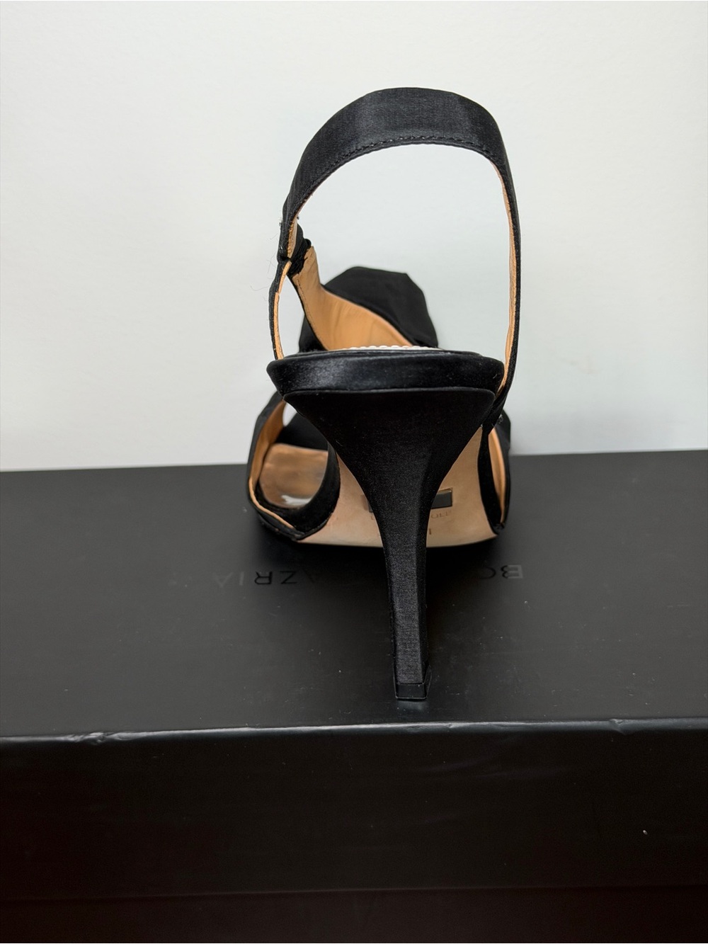 Badgley Mischka Black Satin Slingback Peep Toe with Rosette Accent - Picture 5 of 5